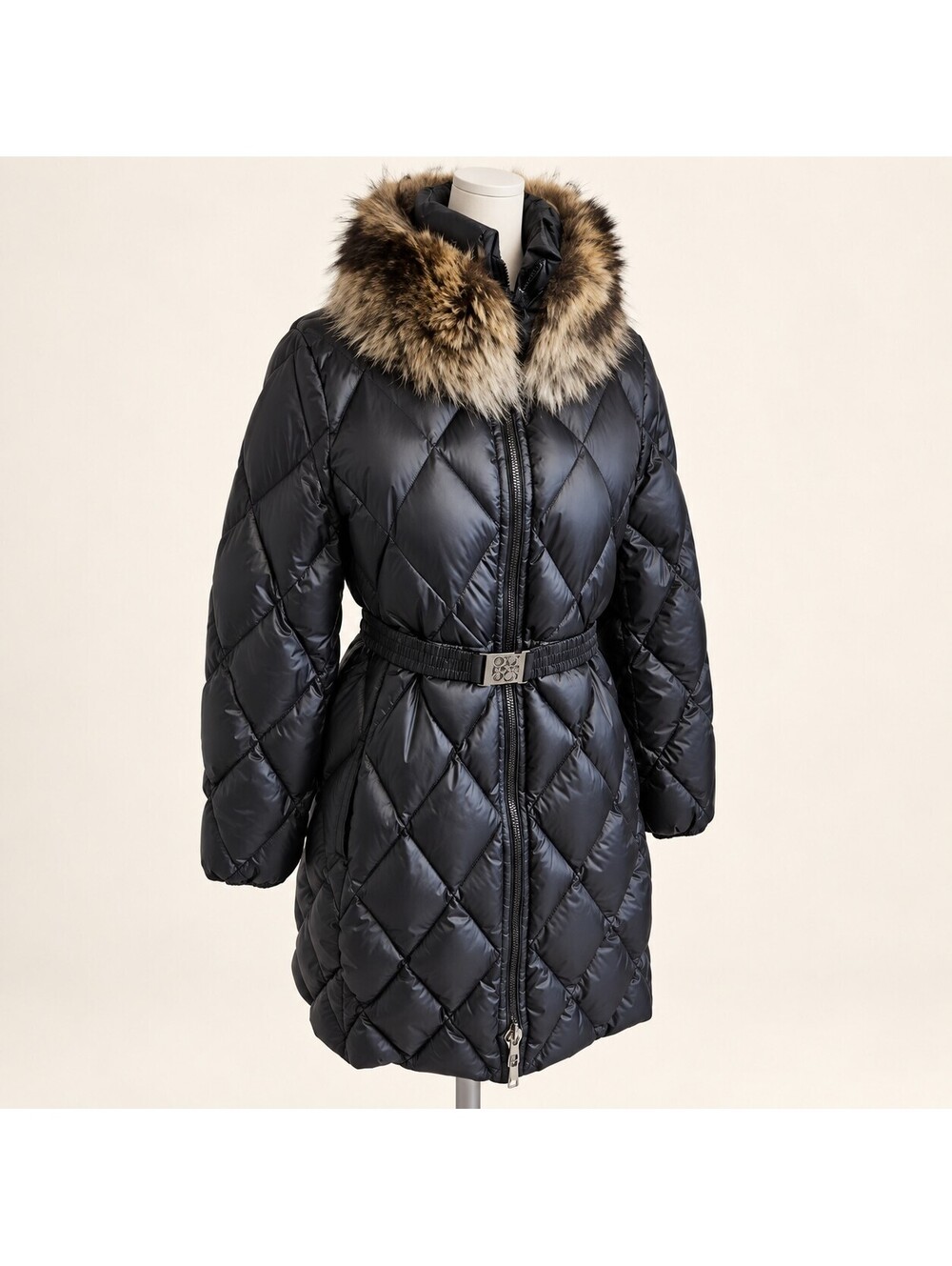 NWT Coach Black Long Puffer Coat Removable Fur Collar Belt Women’s L $598